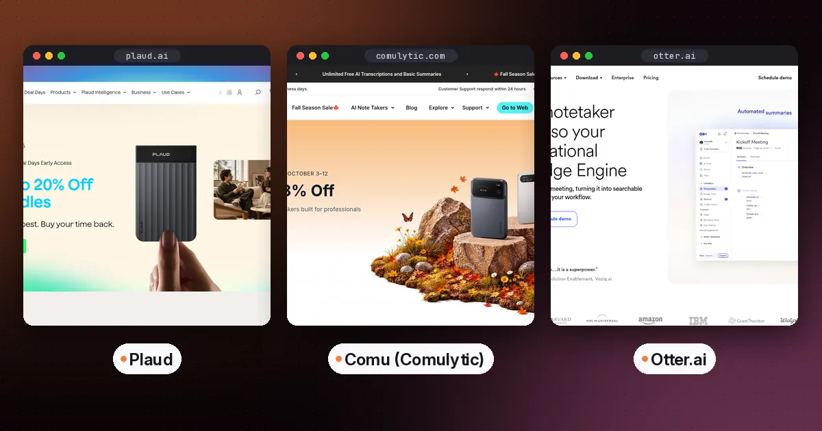Side-by-side screenshots of the Plaud, Comu (Comulytic) and Otter.ai websites