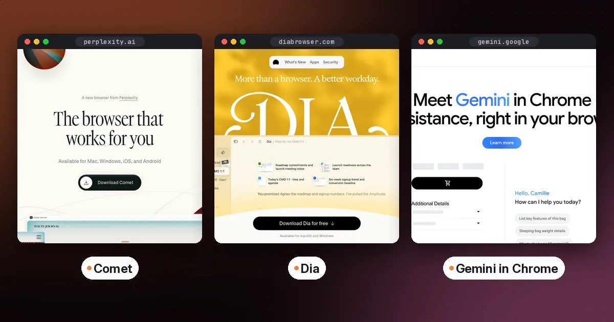 Side-by-side screenshots of the Comet, Dia and Gemini in Chrome websites