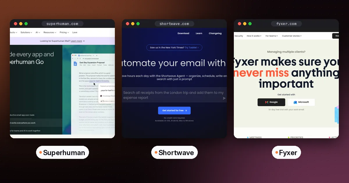 Side-by-side screenshots of the Superhuman, Shortwave and Fyxer websites