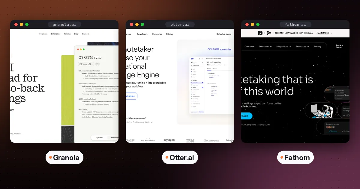 Side-by-side screenshots of the Granola, Otter.ai and Fathom websites