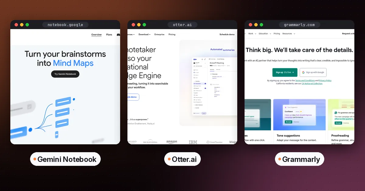 Side-by-side screenshots of the Gemini Notebook, Otter.ai and Grammarly websites