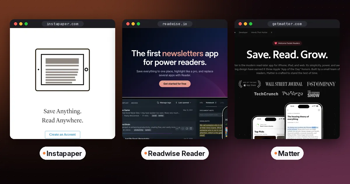 Side-by-side screenshots of the Instapaper, Readwise Reader and Matter websites