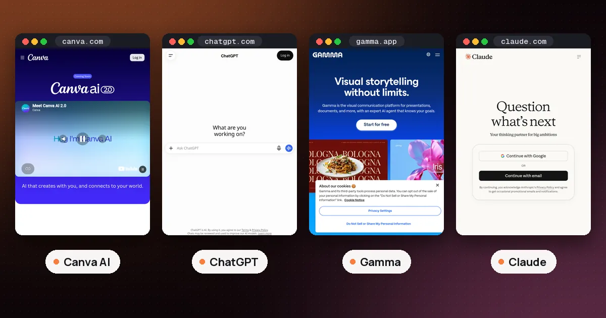 Screenshots of Canva AI, ChatGPT, Gamma, Claude