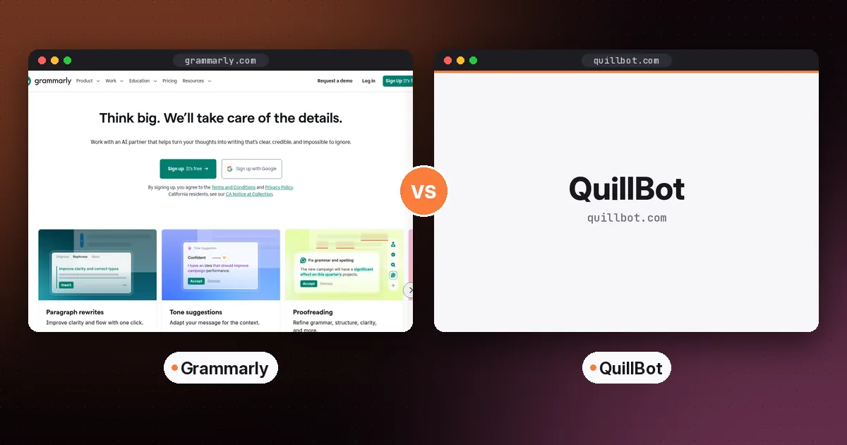 Side-by-side screenshots of the Grammarly and QuillBot websites