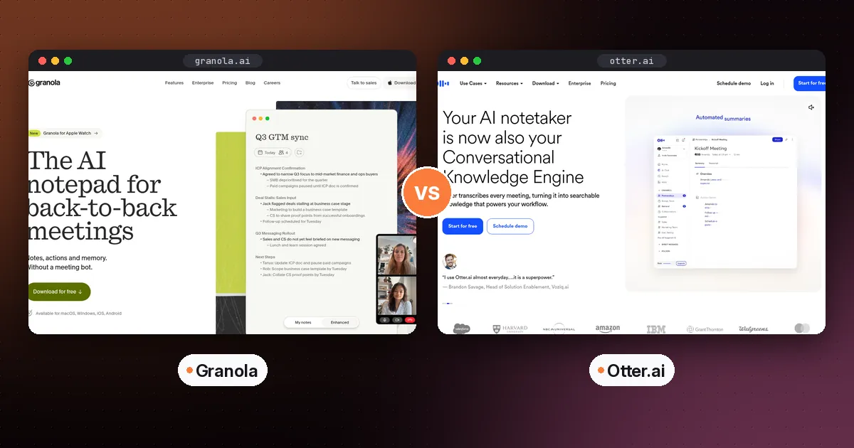 Side-by-side screenshots of the Granola and Otter.ai websites
