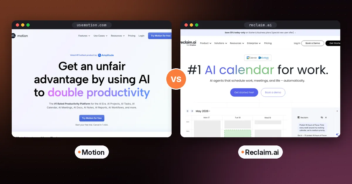 Side-by-side screenshots of the Motion and Reclaim.ai websites
