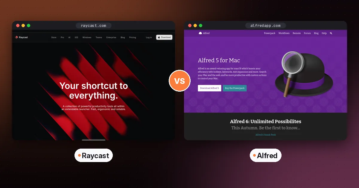 Side-by-side screenshots of the Raycast and Alfred websites