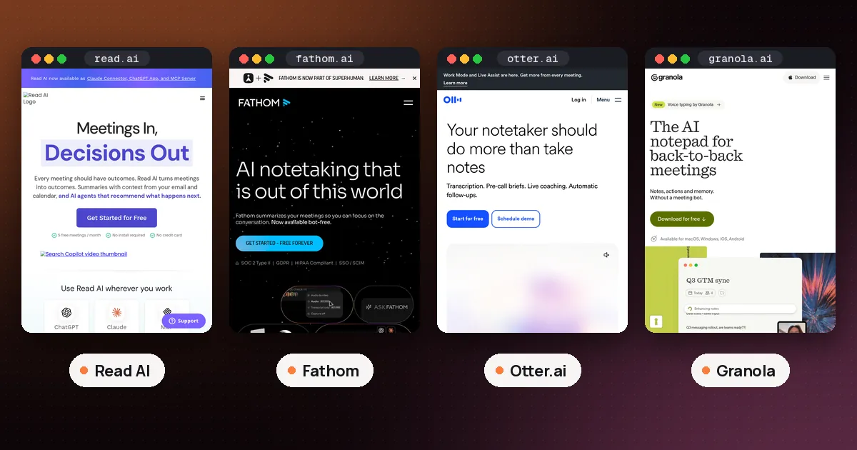 Screenshots of Read AI, Fathom, Otter.ai, Granola