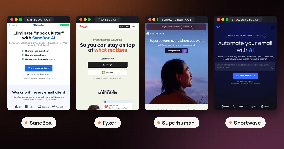 Screenshots of SaneBox, Fyxer, Superhuman, Shortwave