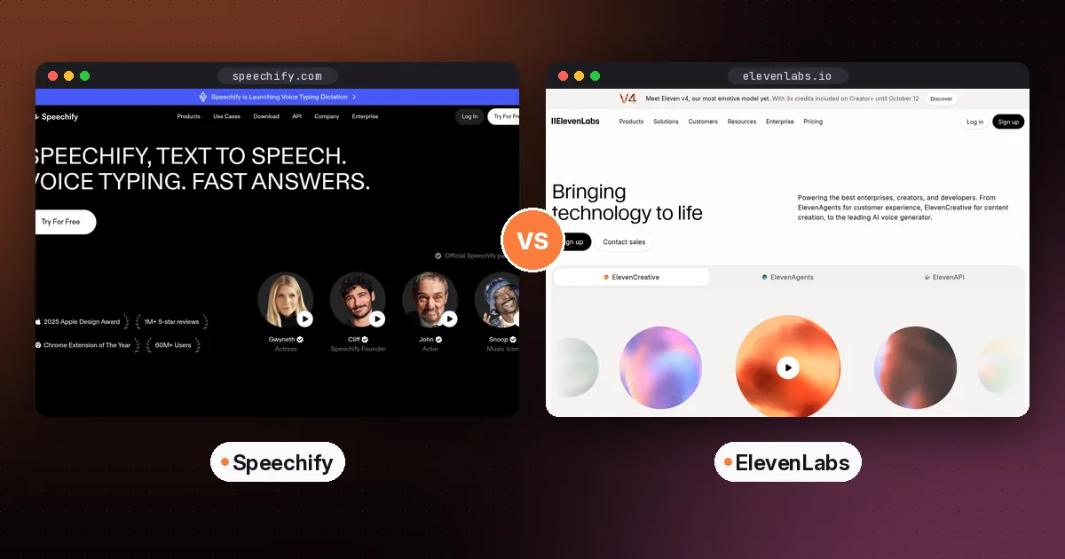 Side-by-side screenshots of the Speechify and ElevenLabs websites