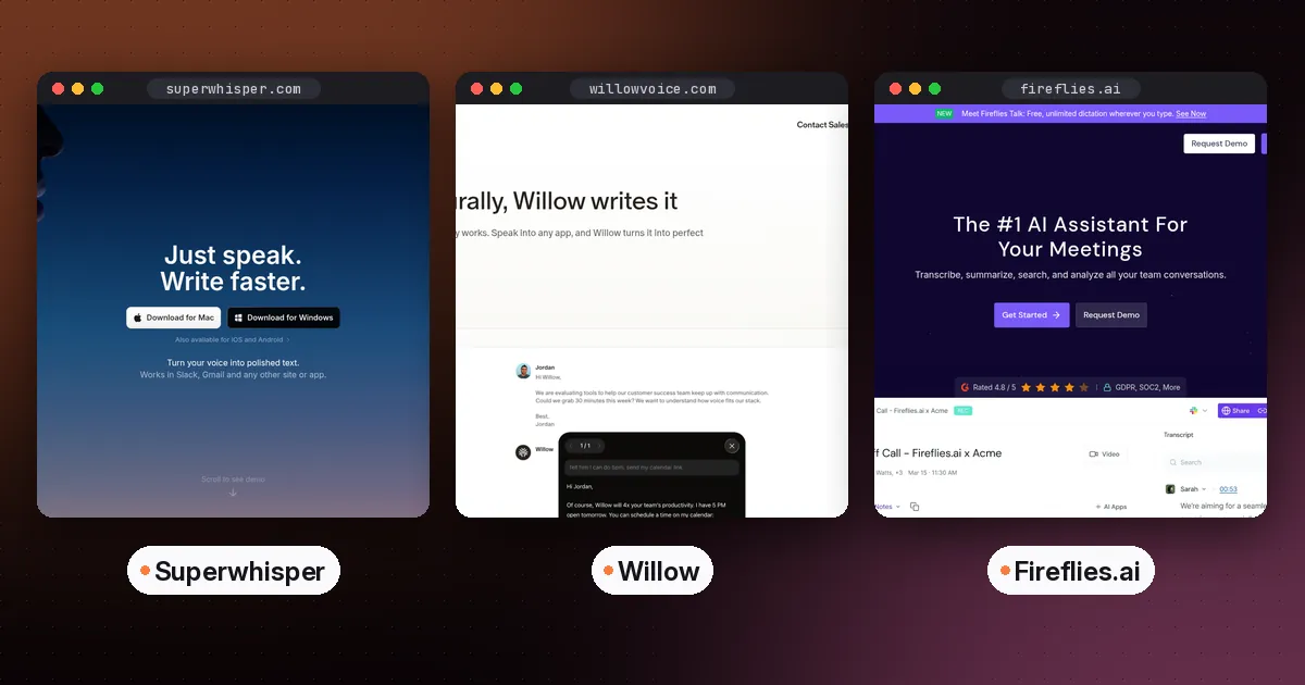 Side-by-side screenshots of the Superwhisper, Willow and Fireflies.ai websites