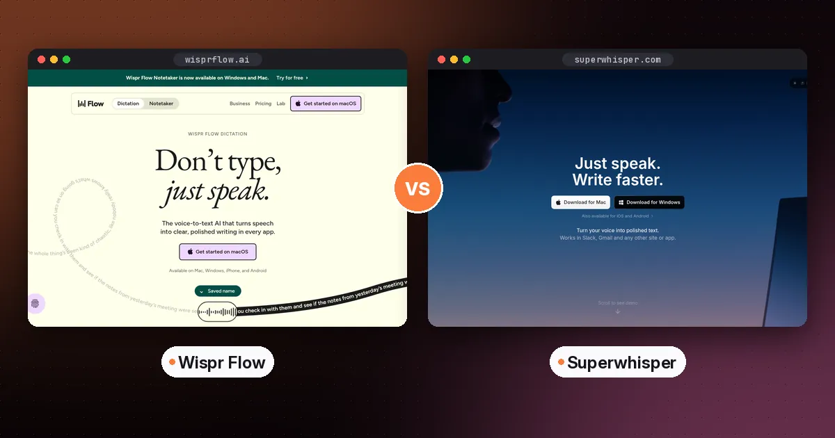 Side-by-side screenshots of the Wispr Flow and Superwhisper websites